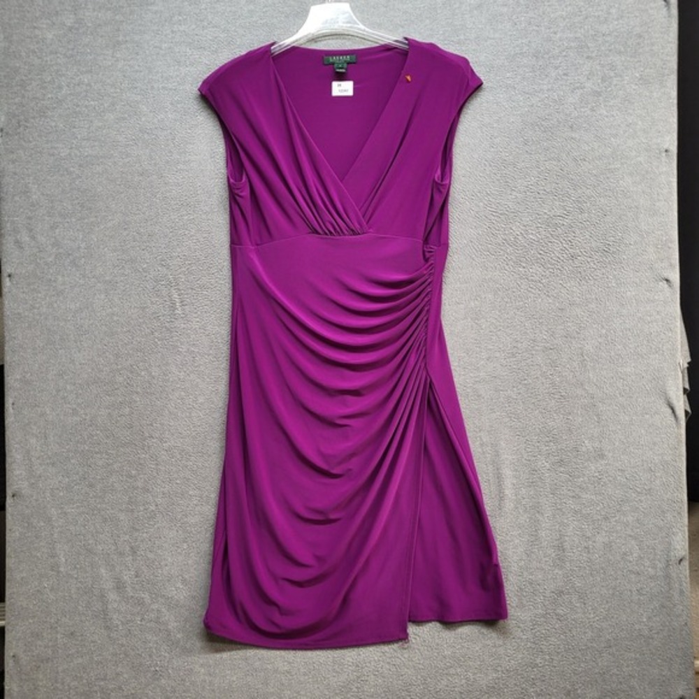 Lauren Ralph Lauren Women Dress 14 Purple Ruch‎ V Neck Sleeveless Bodycon